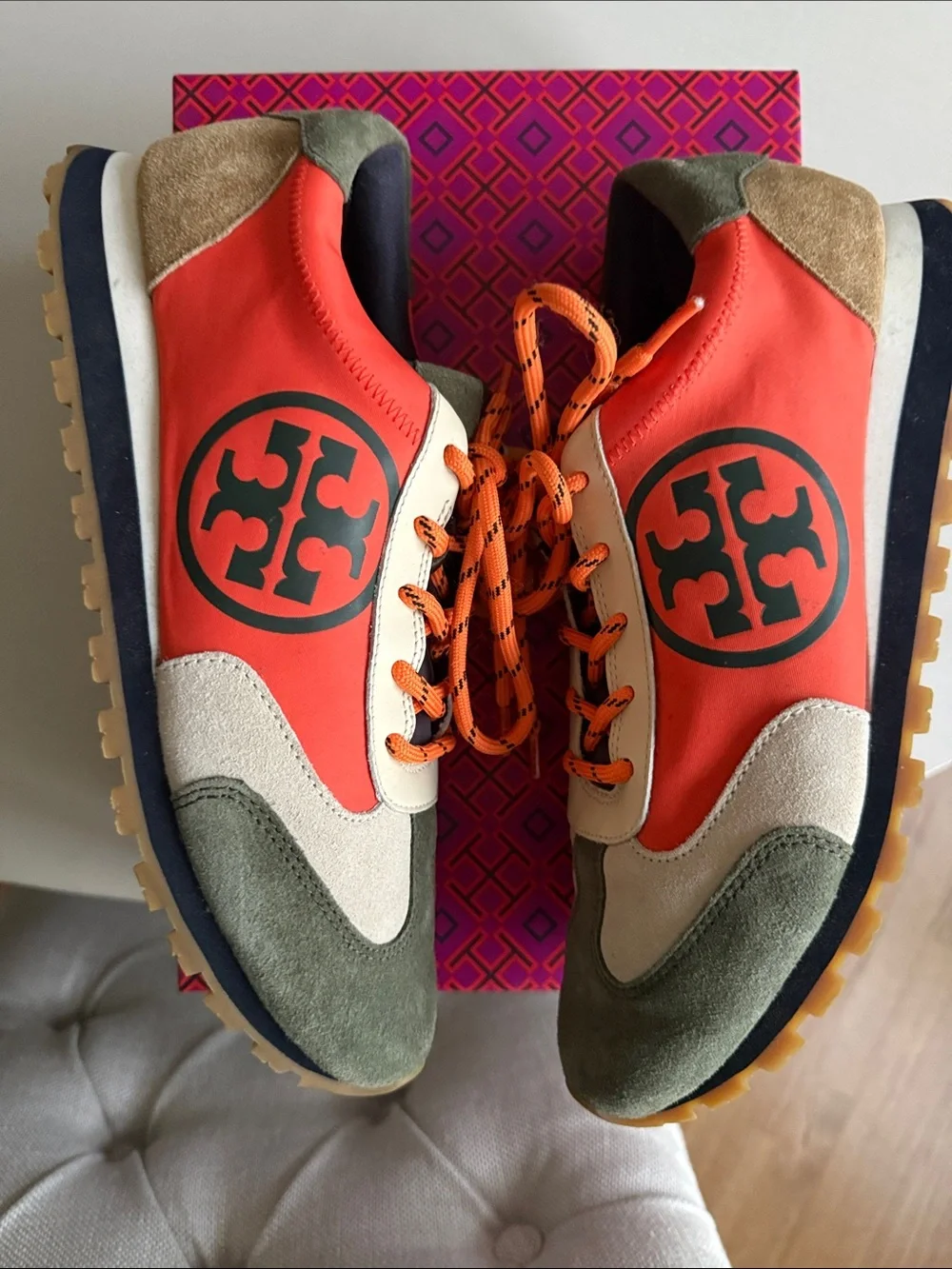 Tory Burch Orange, Olive & Cream Logo Runner Sneakers - Picture 7 of 8